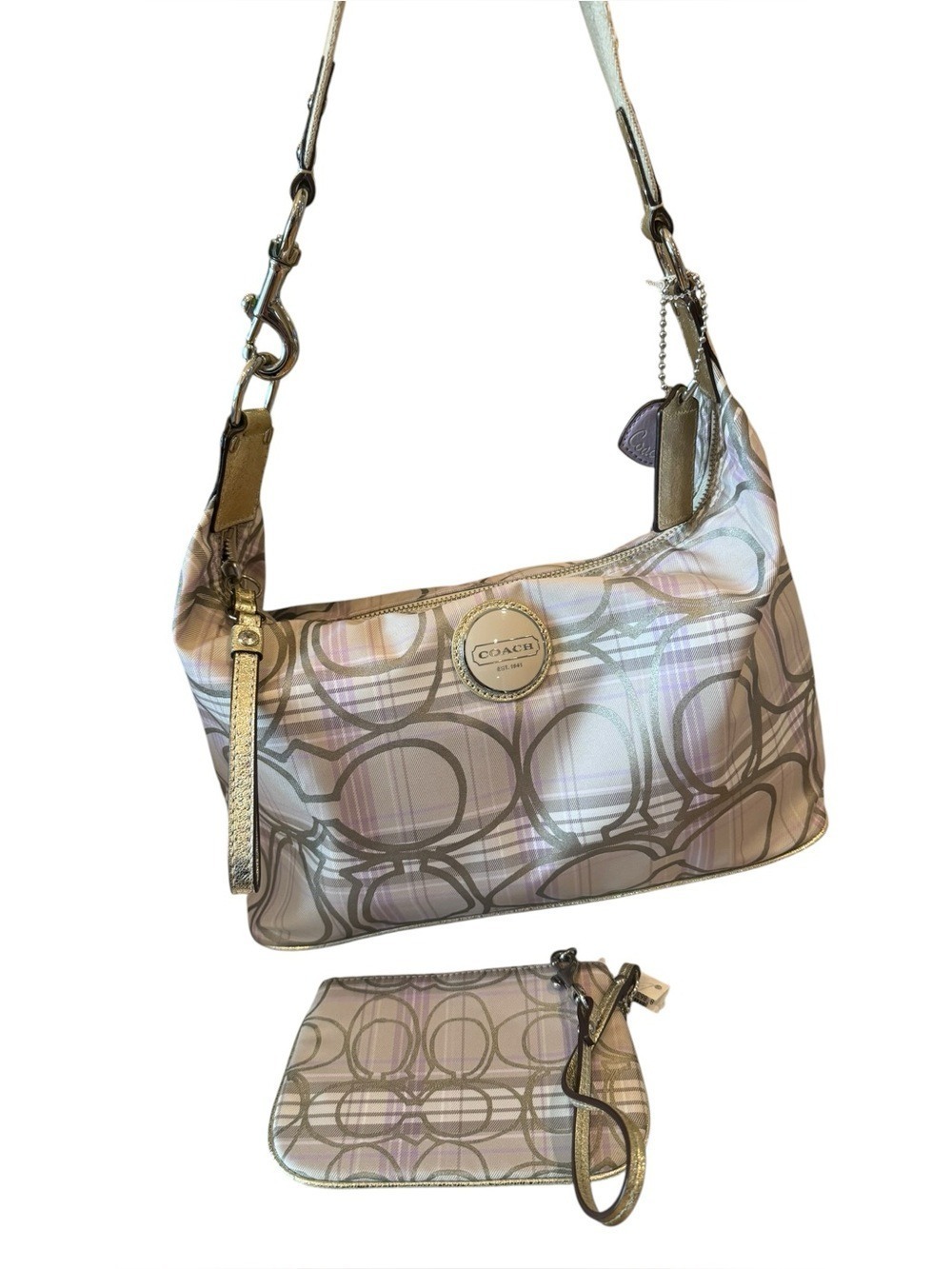 Coach Signature Lilac and Gold Tartan Plaid Hobo Shoulder Bag & Wristlet